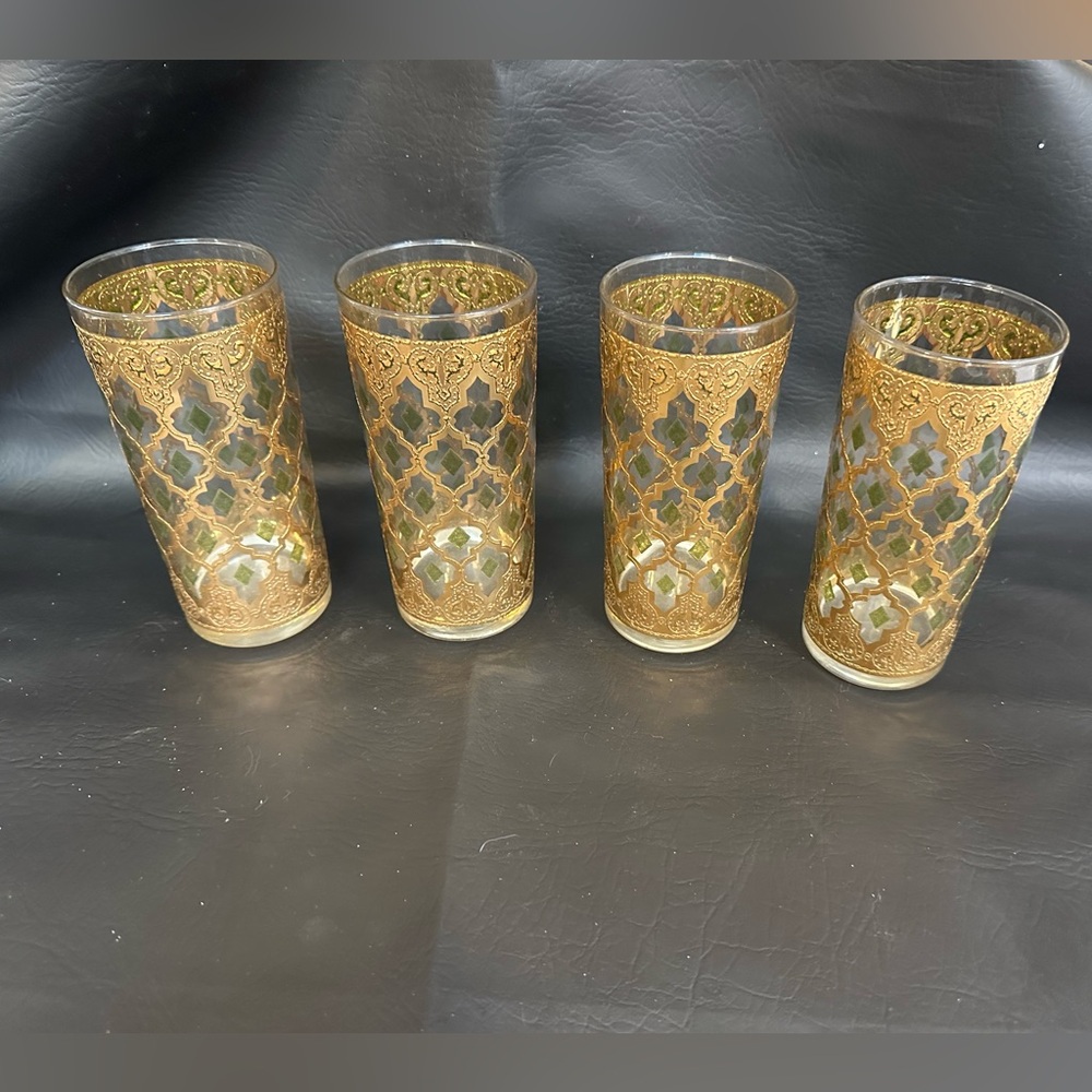 Culver Valencia Highball Glass 12oz 22kt. Gold green diamonds